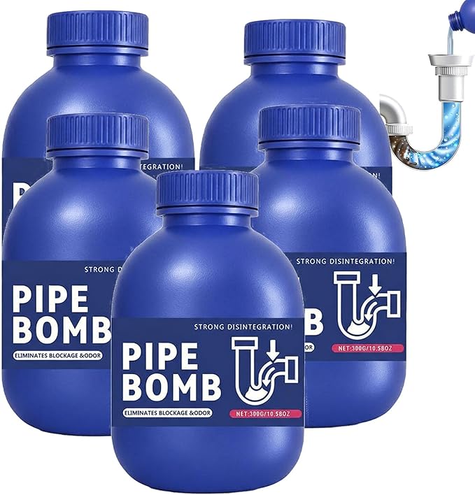 Pipe Bobo Drain Cleaner 5-Pack, Bulk Professional Drain Clog Remover Powder for All Pipe Materials, Heavy Duty Pipe Bomb to Rapidly Unclog Sinks, Tubs & Showers | 5 Bottles