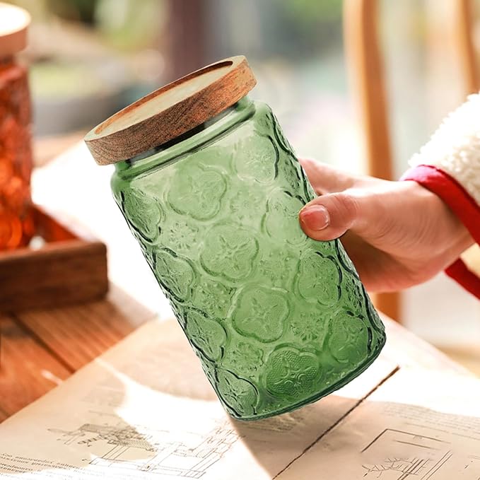 Glass Jar with Lid, Vintage Glass Storage Jars with Airtight Lid Coffee Canister Sugar Container for Kitchen Counter Pantry, Spice, Candy, Coffee Beans, Tea, Oats (34FL OZ Begonia Green)