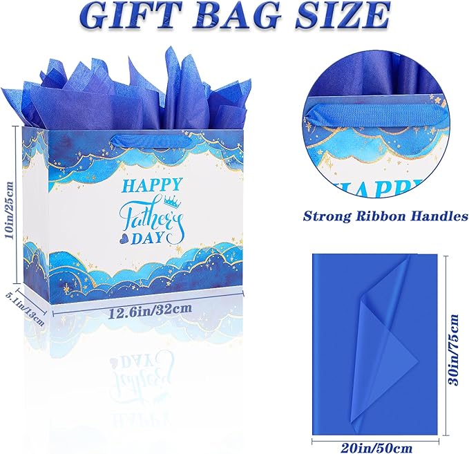 Jaywayang 12.6" Large Happy Father's Day Gift Bag with Card and Tissue Paper(Blue and White)