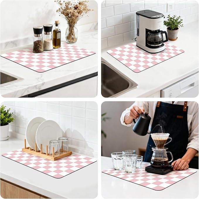 12" x 20" Checkered Dish Drying Mat for Kitchen Counter, Absorbent Coffee Bar Mat for Espresso Machine Coffee Countertops Accessories, Pink
