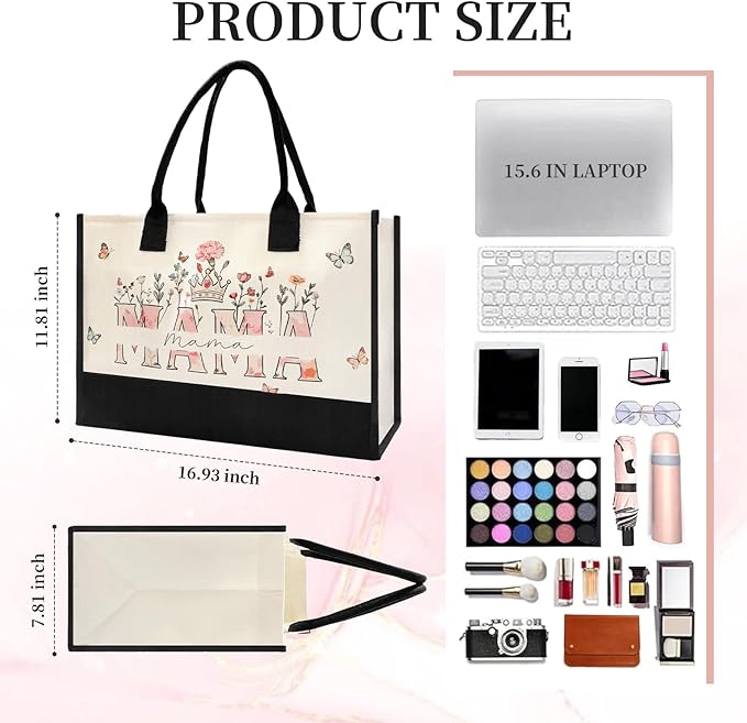 Mothers Day Gifts for Mom from Son Daughter- Large Canvas Tote Bag for Women New Mom Gifts, Floral Print Beach Bag Mama Gift for Mother's Day Birthday