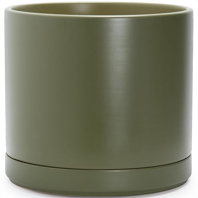 D'vine Dev 16 Inch Ceramic Planter Pot, Olive, 94-O-H-J | Modern Cylinder Design, Drainage Hole & Saucer Included, Stable Structure, Elegant Home Accent