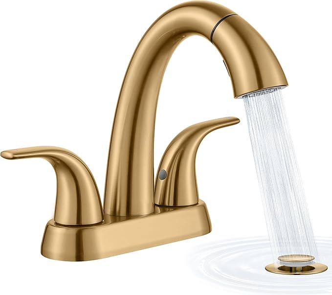 Ultimate Unicorn Bathroom Sink Faucet Champagne Bronze - 4 Inch Centerset Pull Down Vanity Faucets 3 Hole with Pop Up Drain - Two Handle Modern Washbasin Tap Set with Pull Out Sprayer for Rv Lavatory