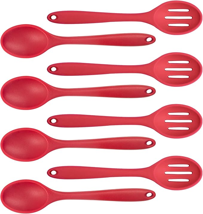 8 Pcs Heat Resistant Non Stick Silicone Serving Spoons Set -Ideal for Cooking, Baking, Mixing, Stirring Includes Slotted & Solid Spoons, Design for Nonstick Cookware (Red)