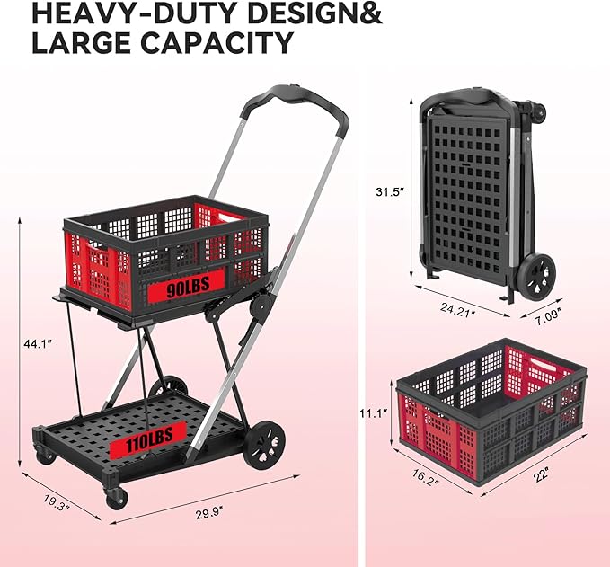 Collapsible Shopping Cart with Wheels,2 Tier Multi Use Foldable Shopping Cart with 2 Storage Crates,Folding Shopping Trolley Utility Cart for Office,Groceries, Warehouse,Supermarket,Picnic (Red)