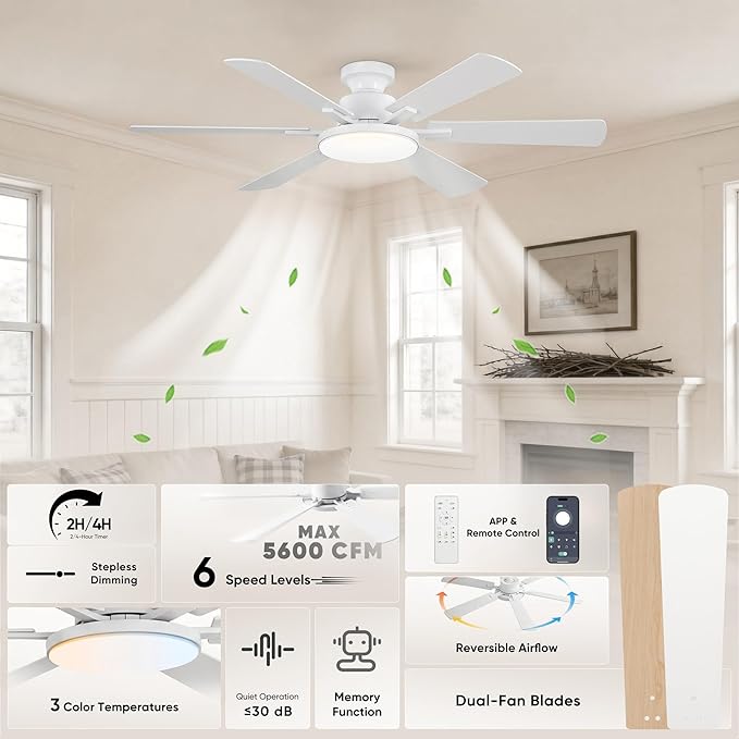 52 Inch Ceiling Fans with Lights, 6 Double Sided Blades, Ultra Quiet Reversible DC Motor, Remote & APP Control, 6 Speeds, 3CCT Dimmable LED with Memory Function, Flush Mount for Living Room, White