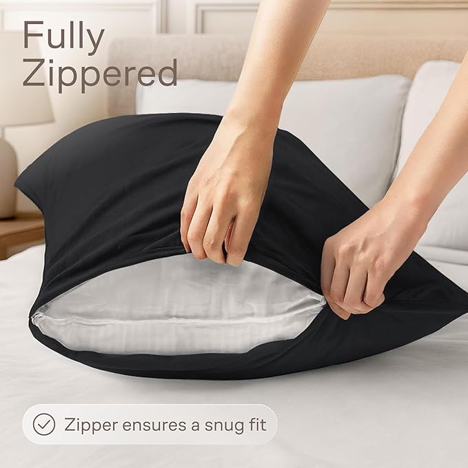 Ultra Soft Pillow Protectors with Zipper Queen Size - Set of 4 Breathable Pillow Covers - 100% Protection Against Stains, Dust & Dirt - Machine Washable (Black)