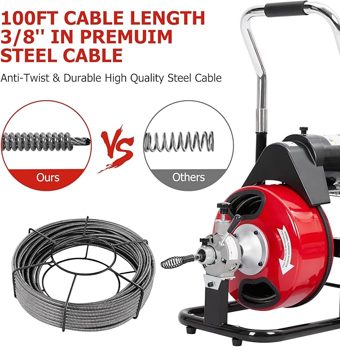 Electric Drain Cleaner Machine, 100FT x 3/8" Cable, 370W Auto-Feed Sewer Snake, 4 Interchangeable Cutter Heads, Air Foot Switch, Portable Auger for 1"-4" Pipes, Home and Commercial Use