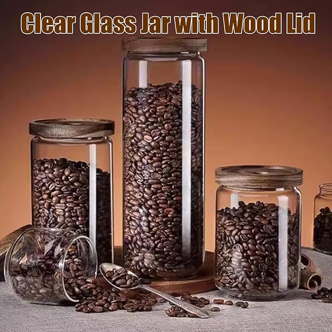Viovian 24 OZ Glass Candy Jar with Wooden Lid Clear Glass Storage Canister Decorative Jars with Airtight Lids for Food Coffee Beans Cookie Sugar 700ml