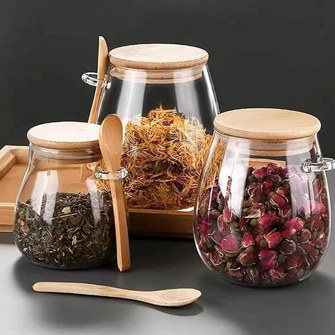 Airtight glass jar storage container with bamboo lid Set of 4, wide mouth, leak-proof, With a spoon, can be used for coffee beans, tea leaves, grains, dried fruits, etc (Large*4PCS)