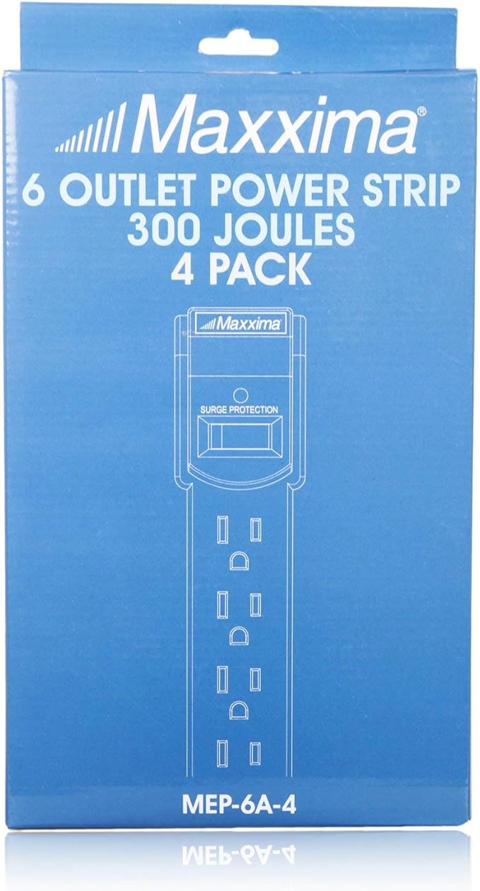 Maxxima 6 Outlet Power Strip Surge Protector - 300 Joules, Features Red On/Off Switch, 4 Pack, Powers Multiple Electronics and Devices Simultaneously, Perfect for Home Appliances - White