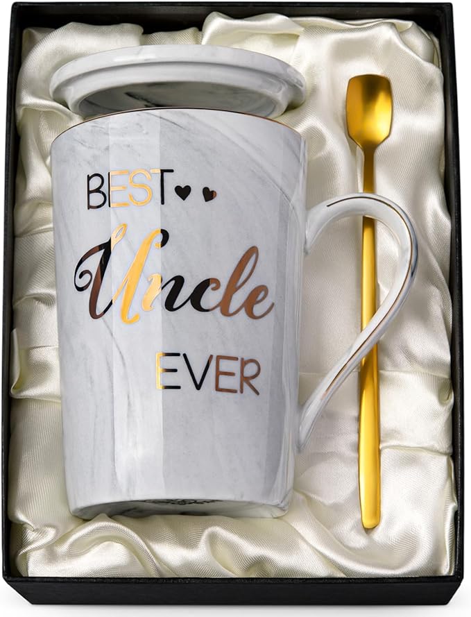 Best Uncle Birthday Gifts from Nephew Niece, Uncles Valentines Gift, Fathers Day Announcement Presents - 14oz Grey Marble Ceramic Gold Print Uncle Mug, with Lid, Spoon, Greeting Card, Nice Gift Boxed