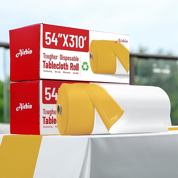 Plastic Table Cloth, 310 Ft X 54 In Disposable Tablecloth White Gold Tablecloth PEVA Premium Plastic Table Cloth Disposable with Any Cut Sliding Cutters for Picnics, Parties, Birthdays, Weddings
