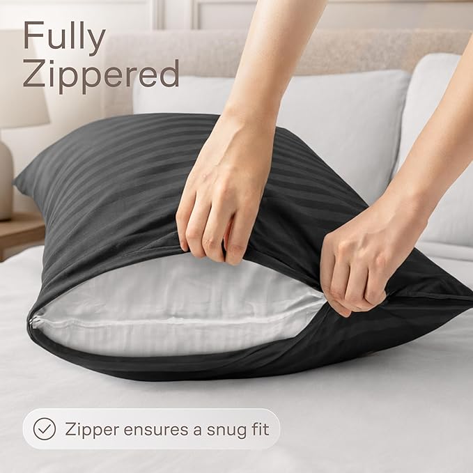 Ultra Soft Pillow Protectors with Zipper Standard Size - Set of 4 Breathable Pillow Covers - 100% Protection Against Stains, Dust & Dirt - Machine Washable (Striped Black)