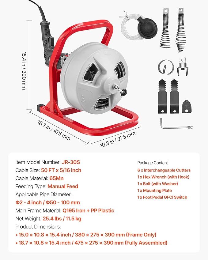 VEVOR Drain Cleaner Machine 50 FT x 5/16 Inch, Sewer Snake Auger with 228RPM Electric Drill, Manual Feed Drain Cleaning Machine with 6 Cutters & Air-activated Foot Switch for 2" to 4" Pipes