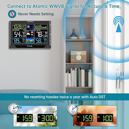 DreamSky Weather Station Indoor Outdoor Thermometer Wireless, Atomic Clock | Digital Large Colorful Display with Brightness Dimmer, Inside Outside Temperature Humidity Monitor for Home (Plug-in)