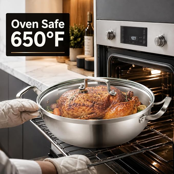 Delarlo Tri-Ply Stainless Steel Hot Pot 14 inch Everyday pan With lid,7QT | Everything Pan, Durable Deep Saute Pan, Induction Cooking Pot,Woks & Stir-Fry Pans Oven Safe Stock Pot