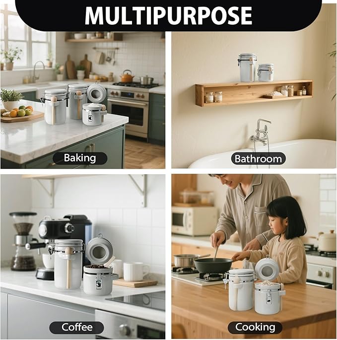 4-Piece Airtight Ceramic Canisters Set with Wooden Spoons & Chalk Labels – Perfect for Coffee, Sugar, Flour, Tea (White) – Stylish & Leakproof Kitchen Storage