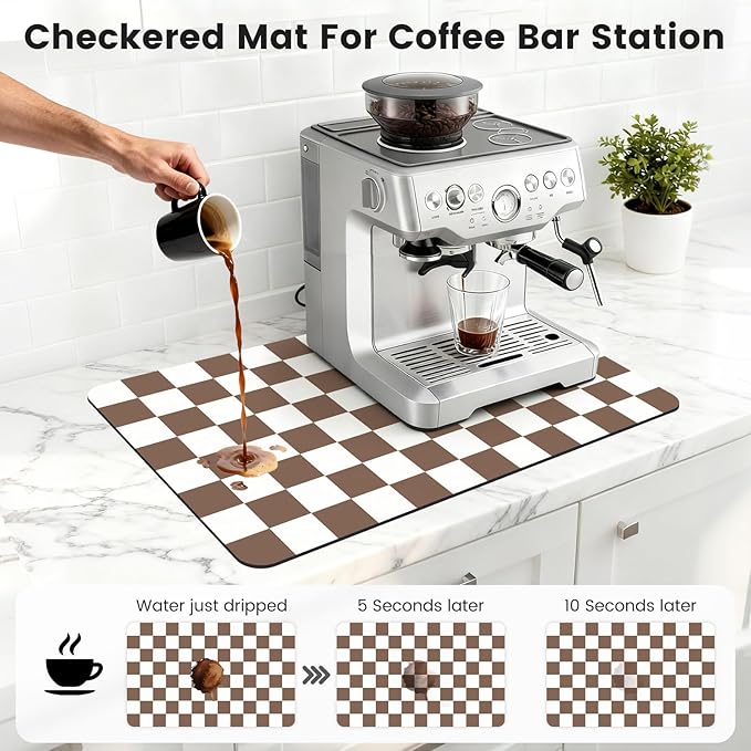 12" x 20" Checkered Dish Drying Mat for Kitchen Counter, Absorbent Coffee Bar Mat for Espresso Machine Coffee Countertops Accessories, Coffee Brown