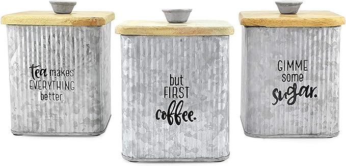 AuldHome Design Farmhouse Galvanized Canisters (Set of 3); Storage Containers for Coffee, Tea and Sugar in Galvanized Iron and Wood Design