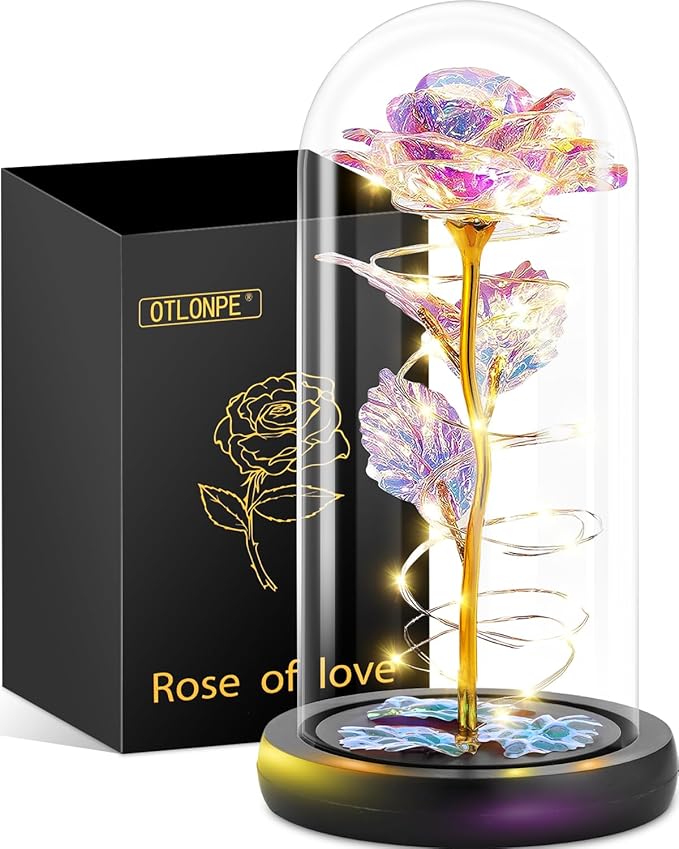 Otlonpe Preserved Forever Mothers Day Flower Gifts for Mom, Glass Light Up Rose Gifts for Women Grandma Girlfriend Wife Sister Her, Valentines Mothers Day Christmas Birthday Womens Gift (Colorful)