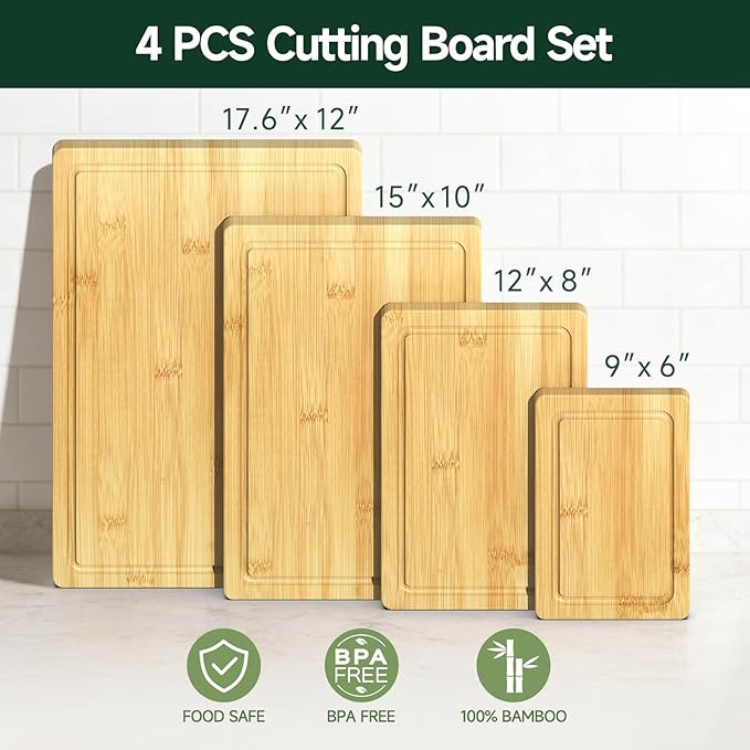 4-Piece Set Bamboo Cutting Board for Kitchen - Crack-Resistant Wood Chopping Boards with Deep Juice Grooves, Pre-Oiled Butcher Block for Meat, Vegetables & Cheese, Natural