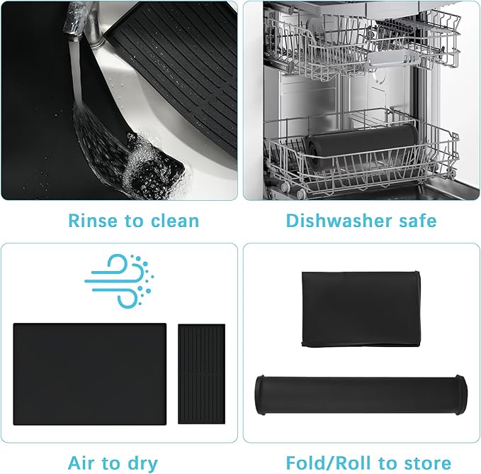 Golener Silicone Coffee Mat Set - 24" x 16" Coffee Bar Mat for Countertop, Kitchen Station Pad Accessories Fit Under Coffee Maker or Machine, Dish Drying Mat, Heat Resistant Kitchen Gadget, Black