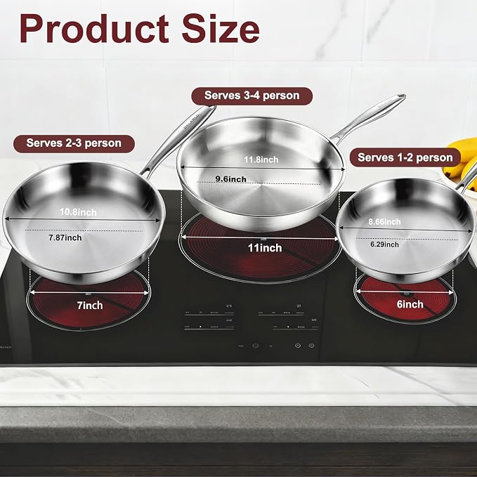 DELARLO Tri-ply Stainless Steel Frying Pan Set with Lid 8" 10" 12" | Induction Large Skillets Chef's Pan, Pots and Pans Set, Suitable for All Stove Kitchen Cookware Set