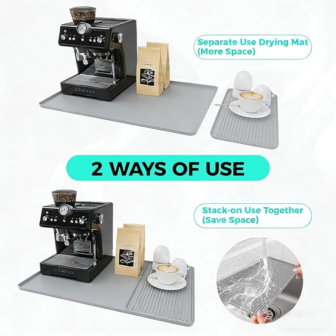 2-in-1 Coffee Mat & Dish Drying Mat Coffee Bar Mats for Countertop Coffees Matt for Counter Silicone Coffees Espresso Machine Station Mats Under coffe Maker Spill Matt Countertops Pot 24×16inch-Gray