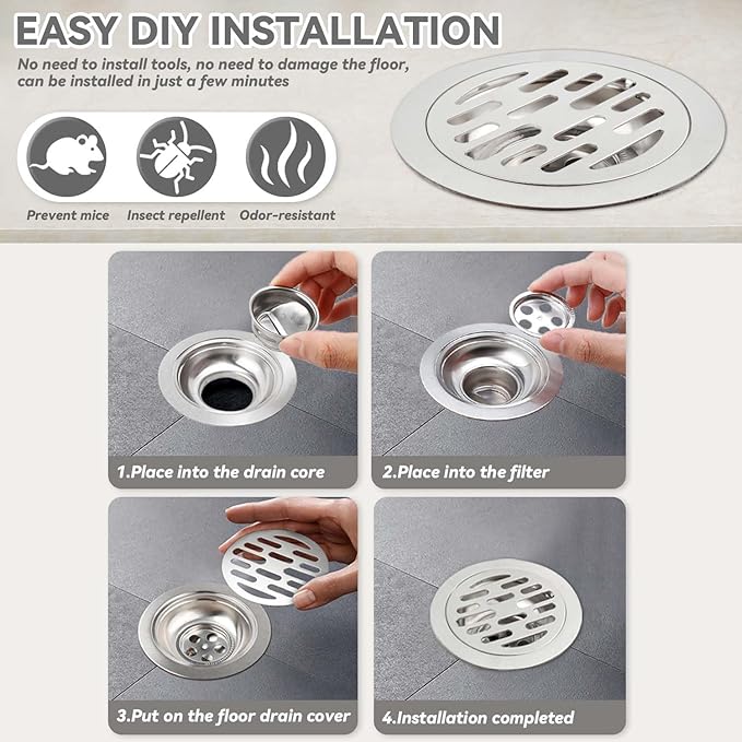 Yakamoz Sewer Odor Proof Floor Drain 4 Inch, Stainless Steel Anti-Odor Floor Drain Core Shower Drain Backflow Preventer Smell Stopper for Bathroom, Kitchen and Basement