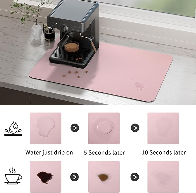 Ecotrim Absorbent Coffee Mat , Stain Hiding PU Leather Surface, Non-Slip Natural Rubber Backing, Quick Dry Mat for Espresso Machine, Kitchen Counter ,Pink | 17" x 31.5"