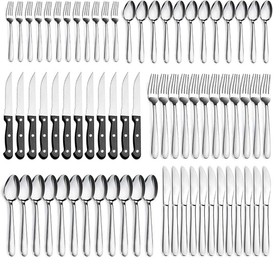 Pleafind 72-Pieces Silverware Set for 12, Flatware Set with Triple Rivet Steak Knives, Stainless Steel Cutlery Set, Include Forks Spoons and Knives Set, Utensil Sets for Home Restaurant