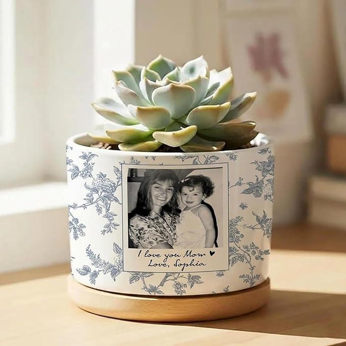 Personalized Mom Portrait Toile De Jouy Plant Pot, Custom Mom Photo Planter, Gift from Daughter, Grandma Gifts, Mama Gift