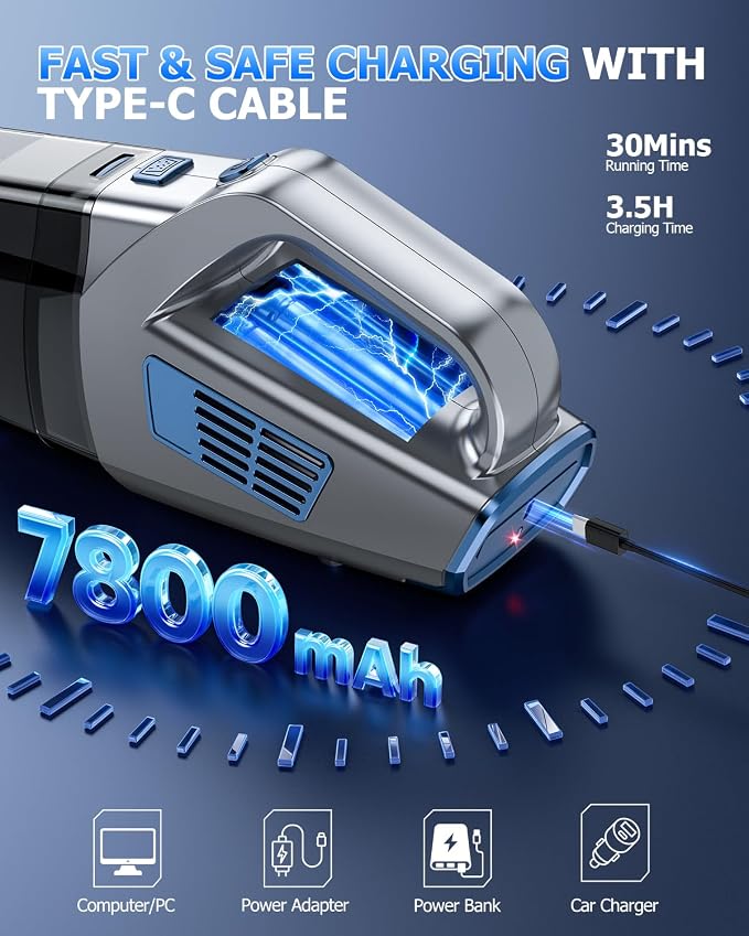 BQYPOWER Handheld Vacuum Cordless Rechargeable, Hand Held Car Vacuum | 16000PA Strong Suction Hand Vacuum Cordless Rechargeable with Multiple Accessories, Portable Car Vacuum Cleaner for Car Home