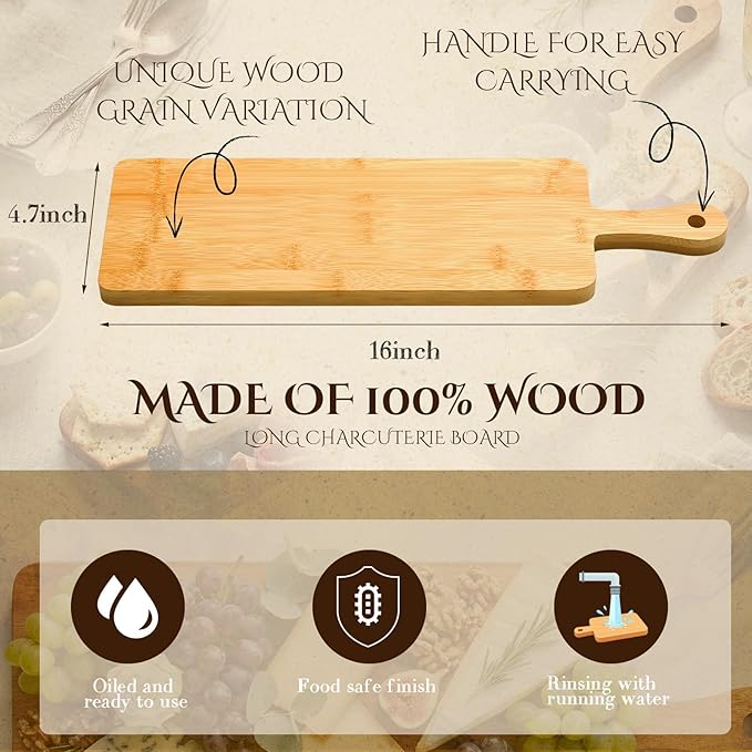 Nuenen 10 Pcs Wood Cutting Board with Handle 16.1 x 4.7 Inch Acacia Bamboo Wooden Serving Kitchen Chopping Boards for Pizza, Bread, Cheese, Charcuterie, Fruit, Vegetables(Narrow Bamboo)