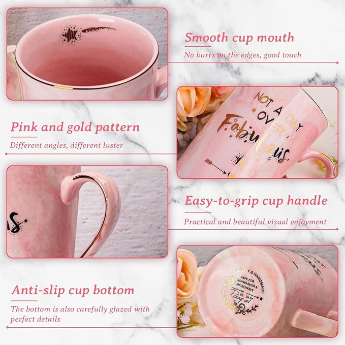 Funny Birthday Gifts for Women - 14Oz Not a Day Over Fabulous Coffee Mug Printed with Gold, Happy Birthday Gift Ideas for Her Bday, Mom, Sister, Best Friends Female, Christmas Ceramic Cup Gift, Pink