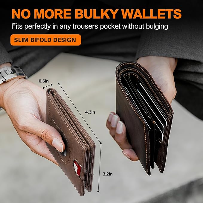 Wallet for Men Slim RFID Blocking Bifold Carbon Fiber,Minimalist Small Compact Front Pocket Credit Card Holder,Thin Mens Leather Wallets Smart Security With 2 ID windows 1 Cash (Dark Brown)