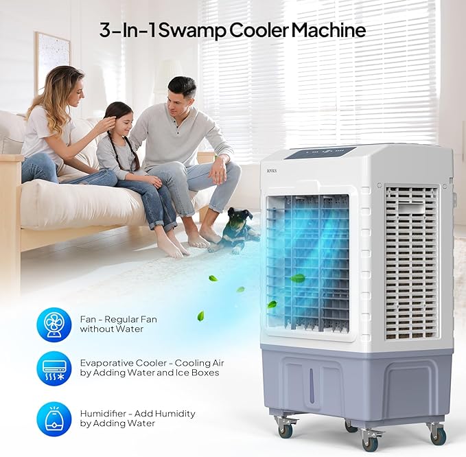 ROVSUN 10.5Gallon Evaporative Air Cooler, 2600CFM Portable Swamp Cooler with Remote Control, Oscillation, 3 Speeds, 7.5H Timer & 40L Water Tank, 3-IN-1 Cooling Fan for Home Office Garage Outdoor