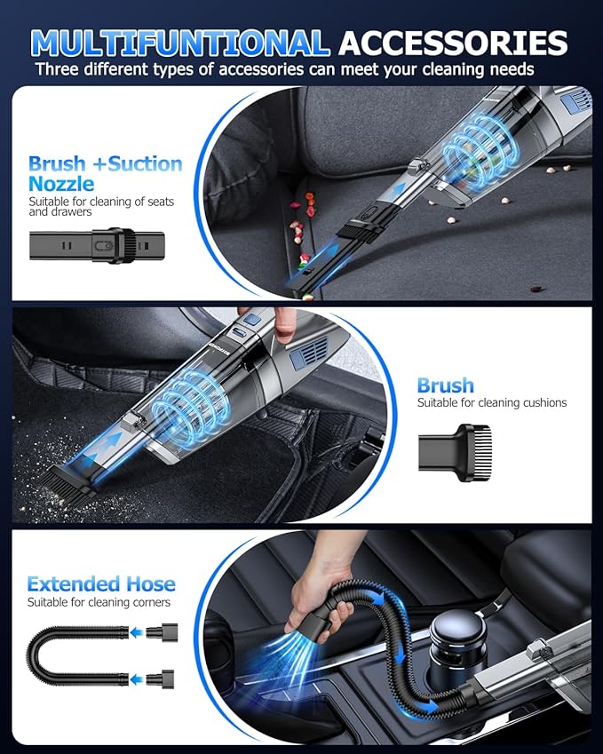 BQYPOWER Handheld Vacuum Cordless Rechargeable, Hand Held Car Vacuum | 16000PA Strong Suction Hand Vacuum Cordless Rechargeable with Multiple Accessories, Portable Car Vacuum Cleaner for Car Home