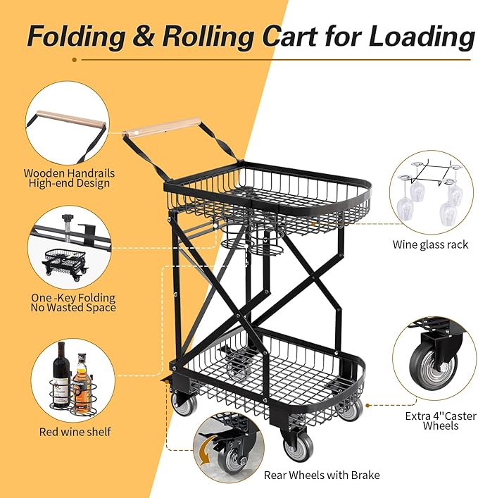 2-Tier Foldable Shopping Cart with Wheels for Groceries, Grocery Store Cart with 360° Rolling Swivel Wheels, Heavy Duty Folding Utility Cart for Camping Gear, Traveling, Laundry, Garden, Pantry