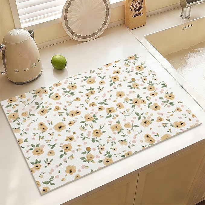 Ditsy Floral Coffee Tea Mat Absorbent Bar Accessories, Fit Under Espresso Machine Coffee Maker (Ditsy Blooms,Yellow)