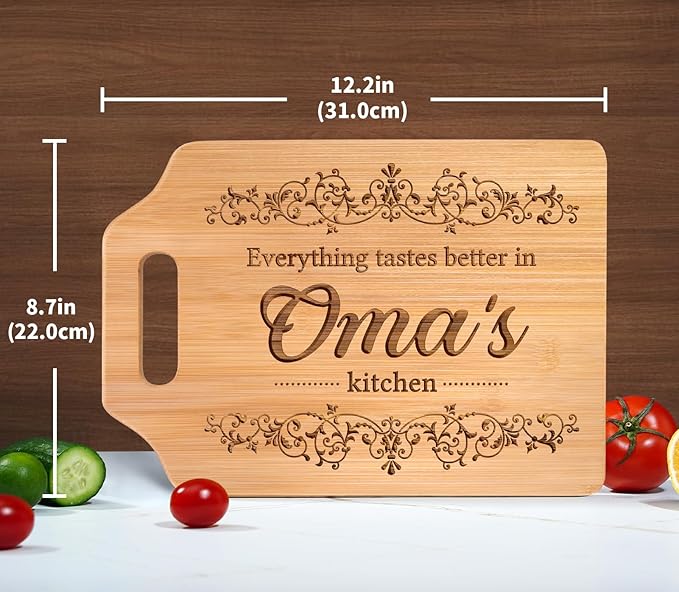 AceThrills Oma Gifts, Oma Mothers Day Gift for Oma's Birthday from Grandkids - Engraved Bamboo Cutting Board 12.3"L x 8.7"W x 0.4"Th