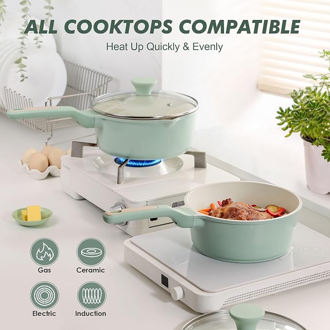 SENSARTE Ceramic Nonstick Saucepan with Lid 1.5 QT, PTFE/PFAS Free, Green | Small Kitchen Cooking Pot with Stay Cool Handle, Induction Compatible, Ceramic Coating