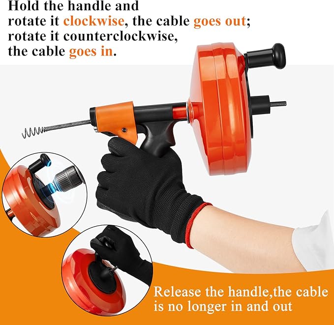 50 FT Plumbing Snake with Auto-Feed - Heavy Duty Drain Auger for Toilet/Sink/Shower/Bathtub Clogs, Drill-Compatible Sewer Snake Tool & Flexible Steel Cable - Snake Drain Hair Remover Tool