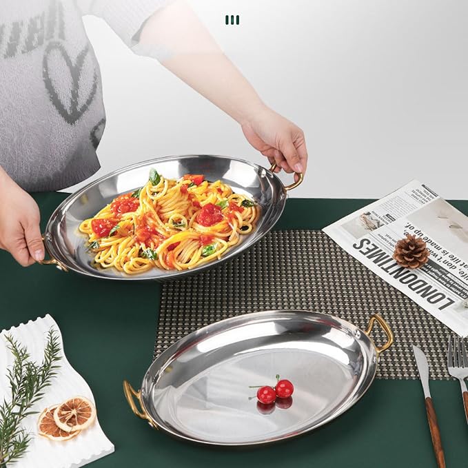 11.8 Inch Oval Spanish Paella Pan - Stainless Steel Seafood Lobster Plate Non Stick Uncoated with Dual Handle, Paella Cookware for Homes or Restaurants,Silver(Silver)