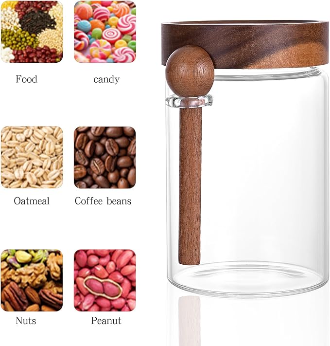 SAIOOL 30 oz (2-Pack) High Borosilicate Glass Food Storage Containers with Spoons, Airtight Screw-Tight Lid for Kitchen Pantry - Dry Food, Coffee,Tea,Snacks, Flour Canisters, High Transparency