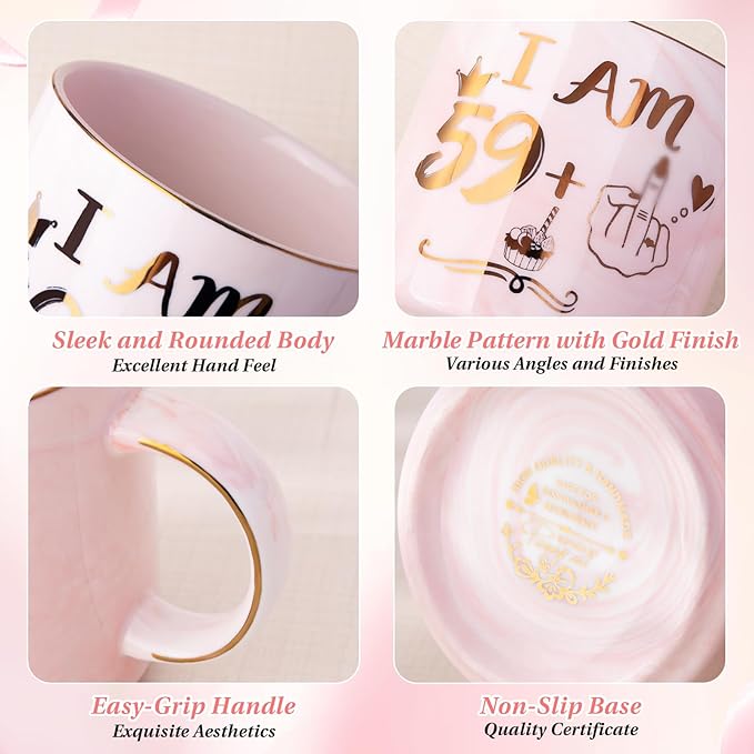 Funny 60th Birthday Coffee Mug for Women - 14oz Pink Marble Ceramic Mug, Playful Gold 59 Plus 1 Hand Design - Hilarious Turning 60 Year Old Gift for Mom, Sister, Best Friend, Wife, Neighbor, Colleague