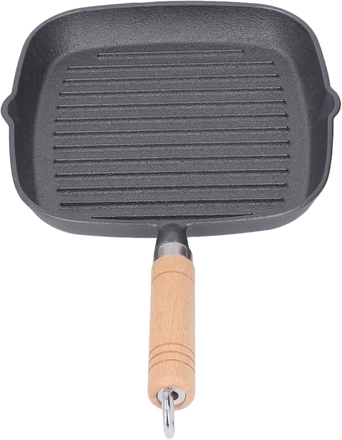Cast Iron Square Grill Pan,Nonstick Grill Pan,Multipurpose Prevents Stick Quadrate Cast Iron Steak Pan with Detachable Wooden Handle for Bacon Steak Onion