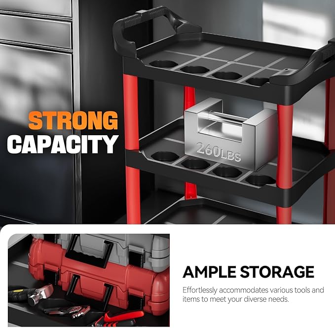 Auto Dynasty 3-Tier Rolling Cart Trolley Storage Detailing Cart with Cup Holders 120kg Capacity on Wheels Fits Home, Garage, Warehouse, Hotel and Workshop Use, Black