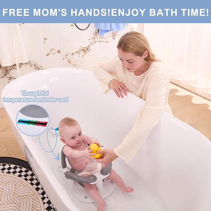 Baby Bath seat for Babies 6 Months & up, 360° Stable Toddler Bath Chair with one-Touch Button, Back Hollow Design, Water Temperature Card & 4 Suction Cups for Safety (Gray)